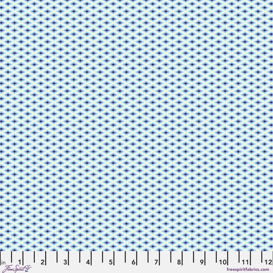 A fine, all-over geometric lattice of tiny diamond shapes in a crisp white and aqua blue. Ruler at the bottom for scale.