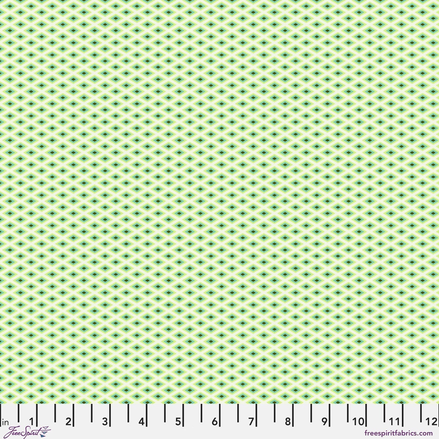 A fine, all-over geometric lattice of tiny diamond shapes in a crisp white and lime green. Ruler at the bottom for scale.