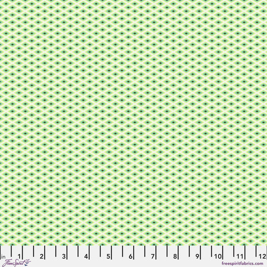 A fine, all-over geometric lattice of tiny diamond shapes in a crisp white and lime green. Ruler at the bottom for scale.