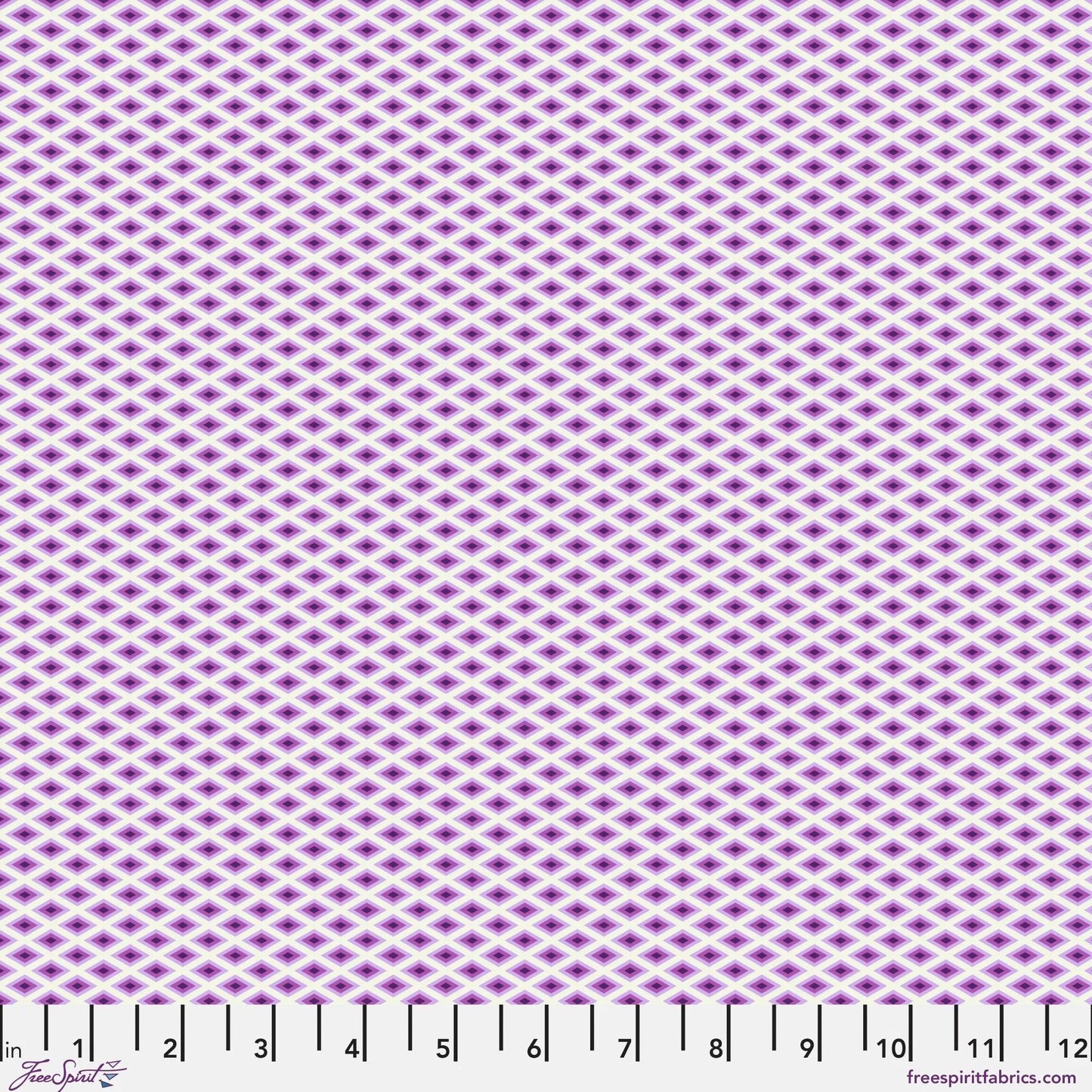 A fine, all-over geometric lattice of tiny diamond shapes in a crisp white, lavender, and violet. Ruler at the bottom for scale.
