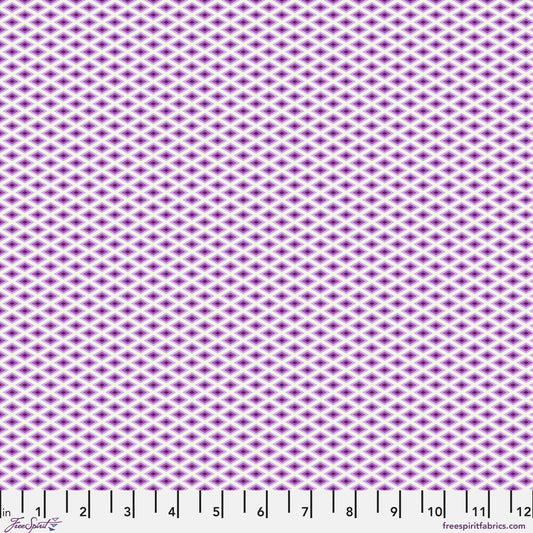 A fine, all-over geometric lattice of tiny diamond shapes in a crisp white, lavender, and violet. Ruler at the bottom for scale.