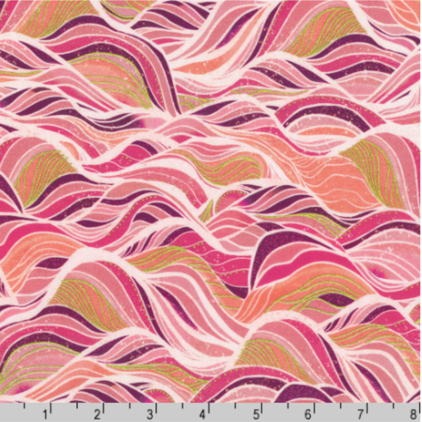 Wavy pattern fabric with pink, purple, and gold colors on a white background with a ruler for scale.