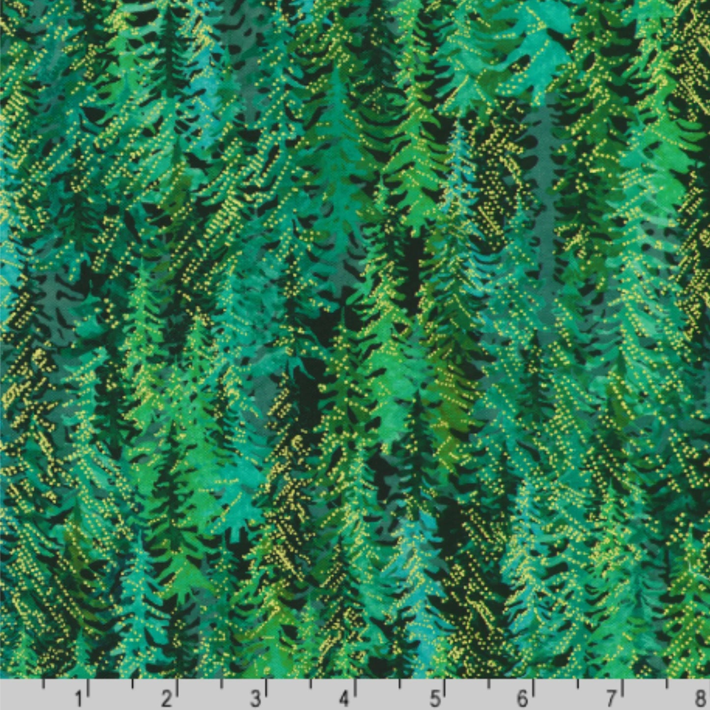 Layered silhouettes of lush evergreen trees in rich shades of green, emerald, and jade with tiny gold metallic accents and a ruler for scale.