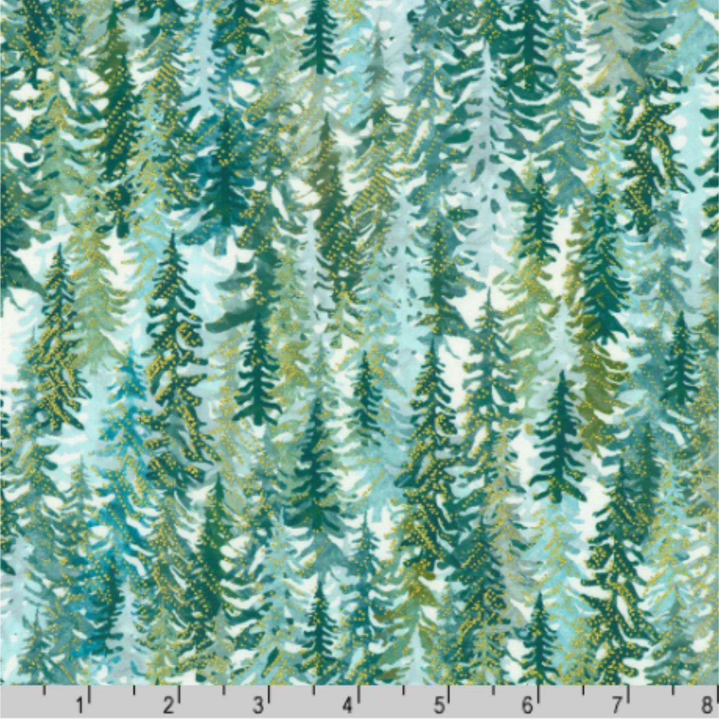 Evergreen trees in calming shades of teal, sage, and mint, set against a light-blue, airy background with a ruler for scale.