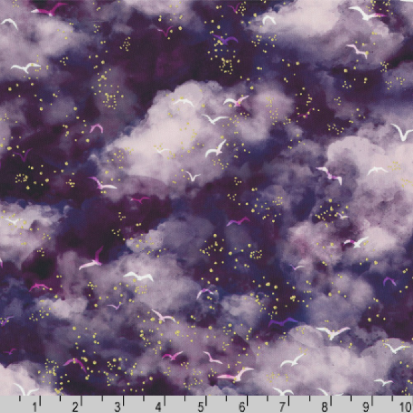 A moody, watercolor cloudscape in deep iris and plum tones, scattered with tiny flying birds and soft gold-style speckles. Ruler for scale.
