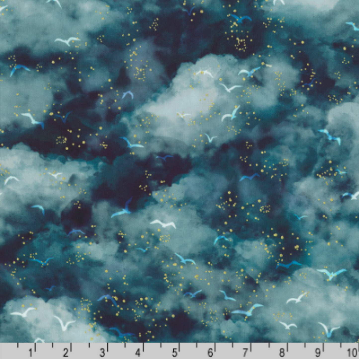 A rich, dramatic cloud print blending deep teal, navy, and shadowy blue hues with scattered birds and glowing gold-style speckles. Ruler for scale.