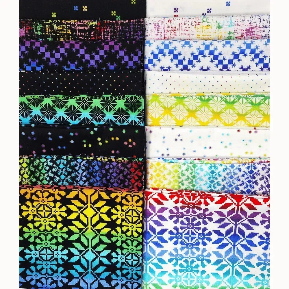 A collection of light and dark rainbow fabrics arranged in 2 columns.