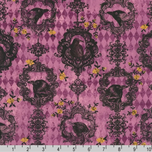 Fabric featuring black ravens and owls in ornate black scrollwork frames with small yellow floral accents on a purple harlequin diamond background. Ruler at the bottom for scale.