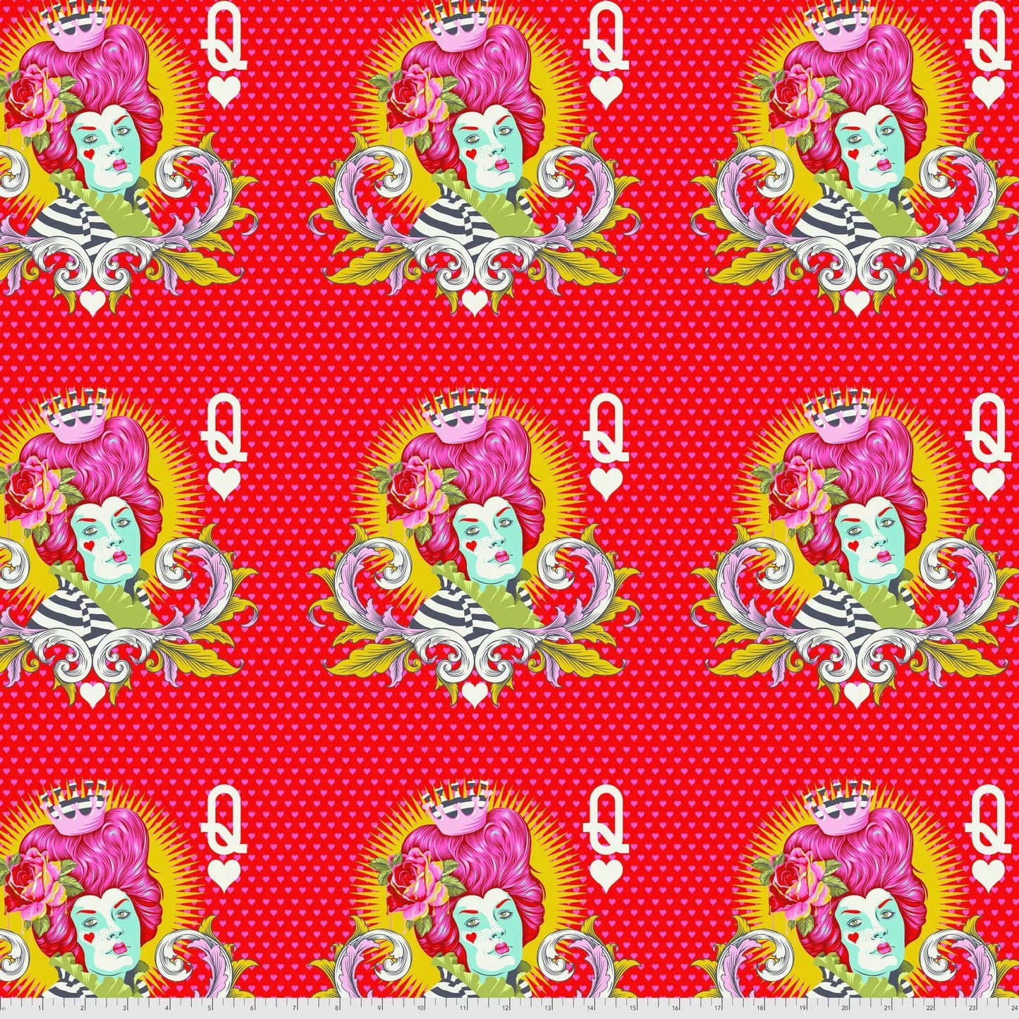 Stylized motifs of the Red Queen with pink hair and a striped outfit on a red background. Ruler for scale