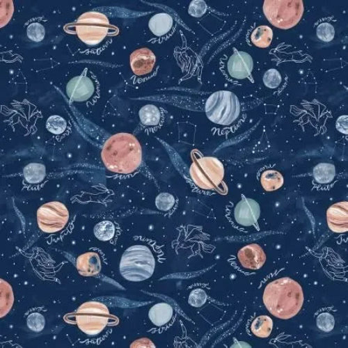 Pattern of planets and constellations on a dark blue background