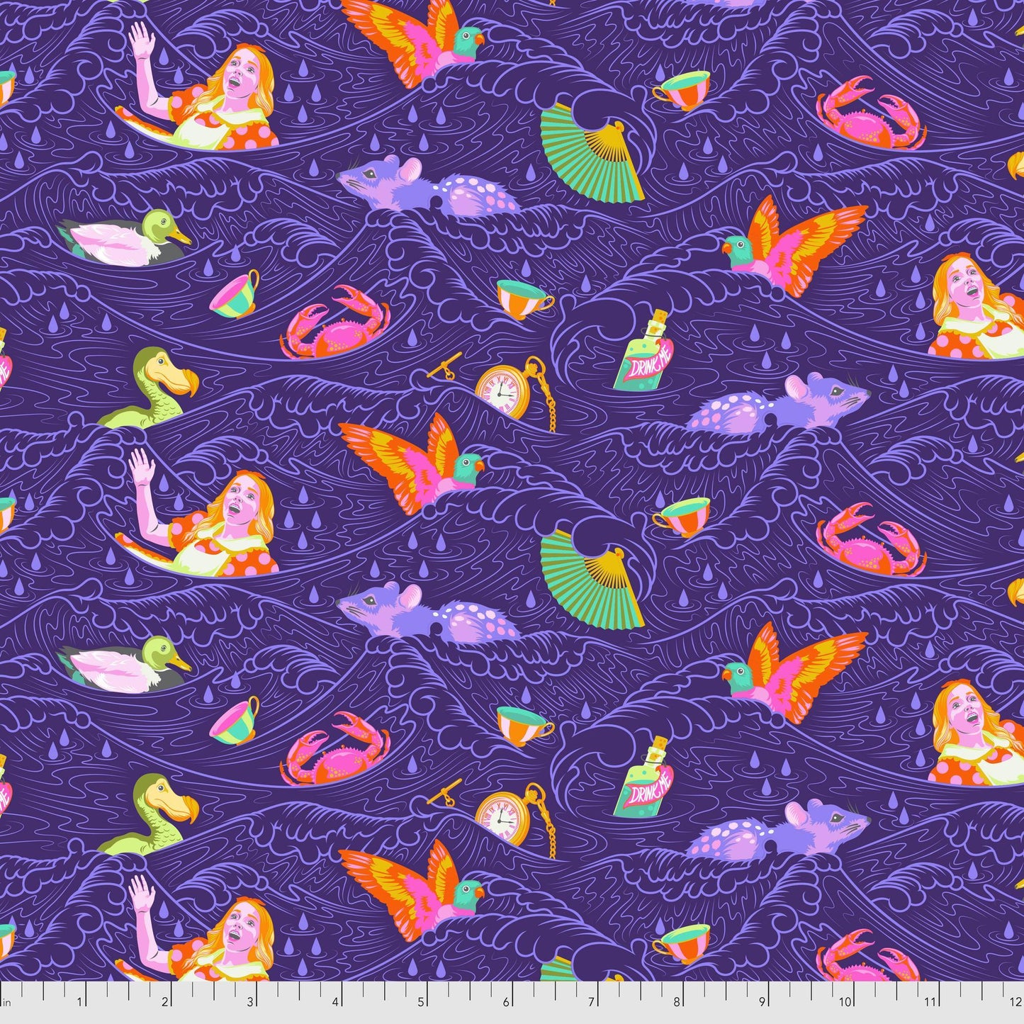 Fabric with colorful crabs, birds, bottles, and Alice getting tossed around by indigo-purple waves. Ruler for scale