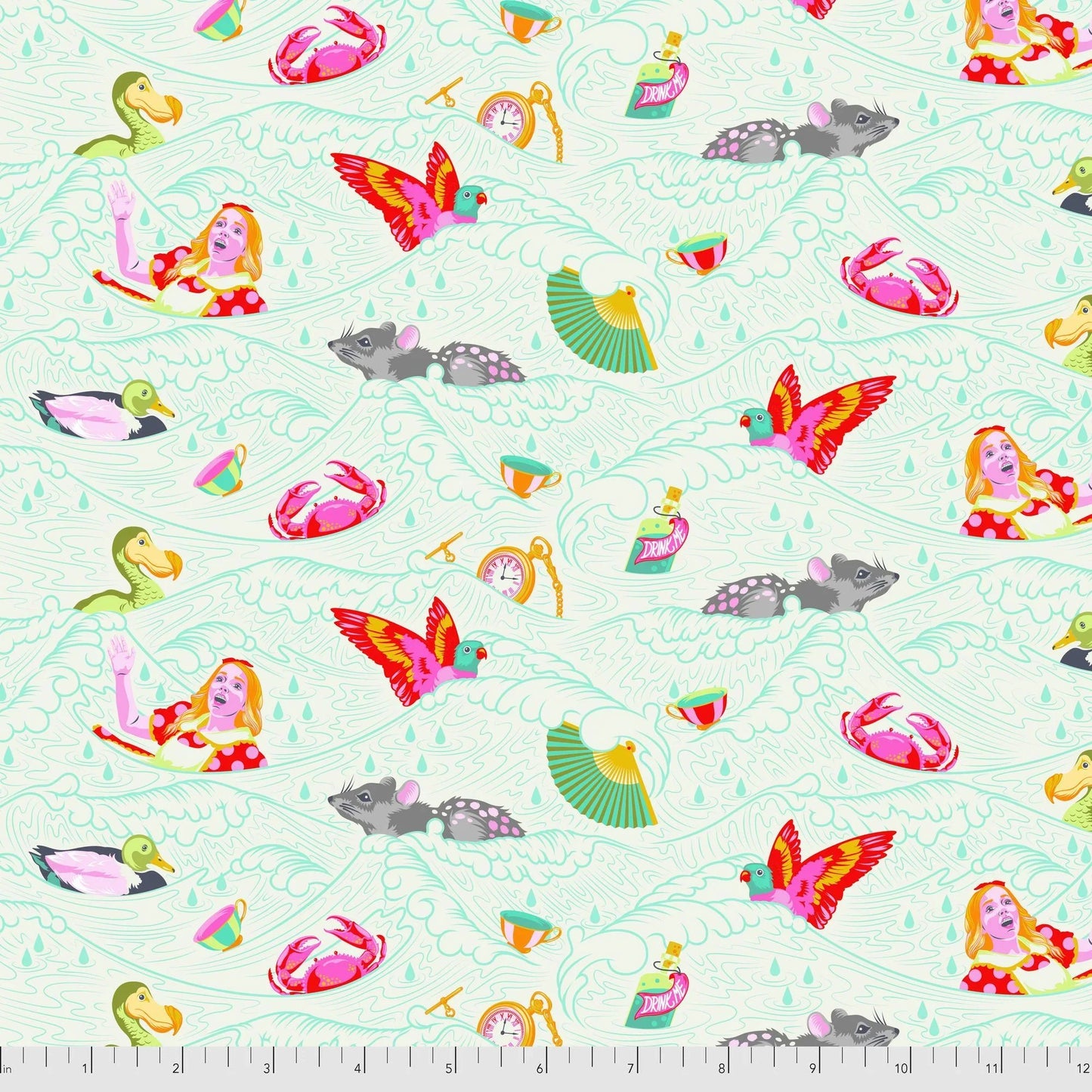 Fabric with colorful crabs, birds, bottles, and Alice getting tossed around by aqua waves on a cream background. Ruler for scale.