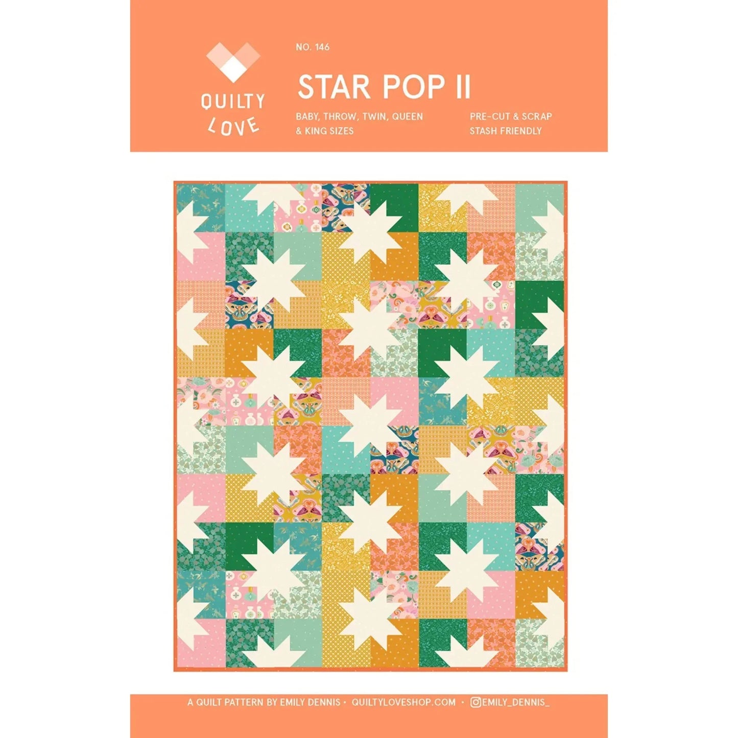 Quilt pattern packaging for 'Star Pop II' by Quilty Love with colorful star-shaped patches.