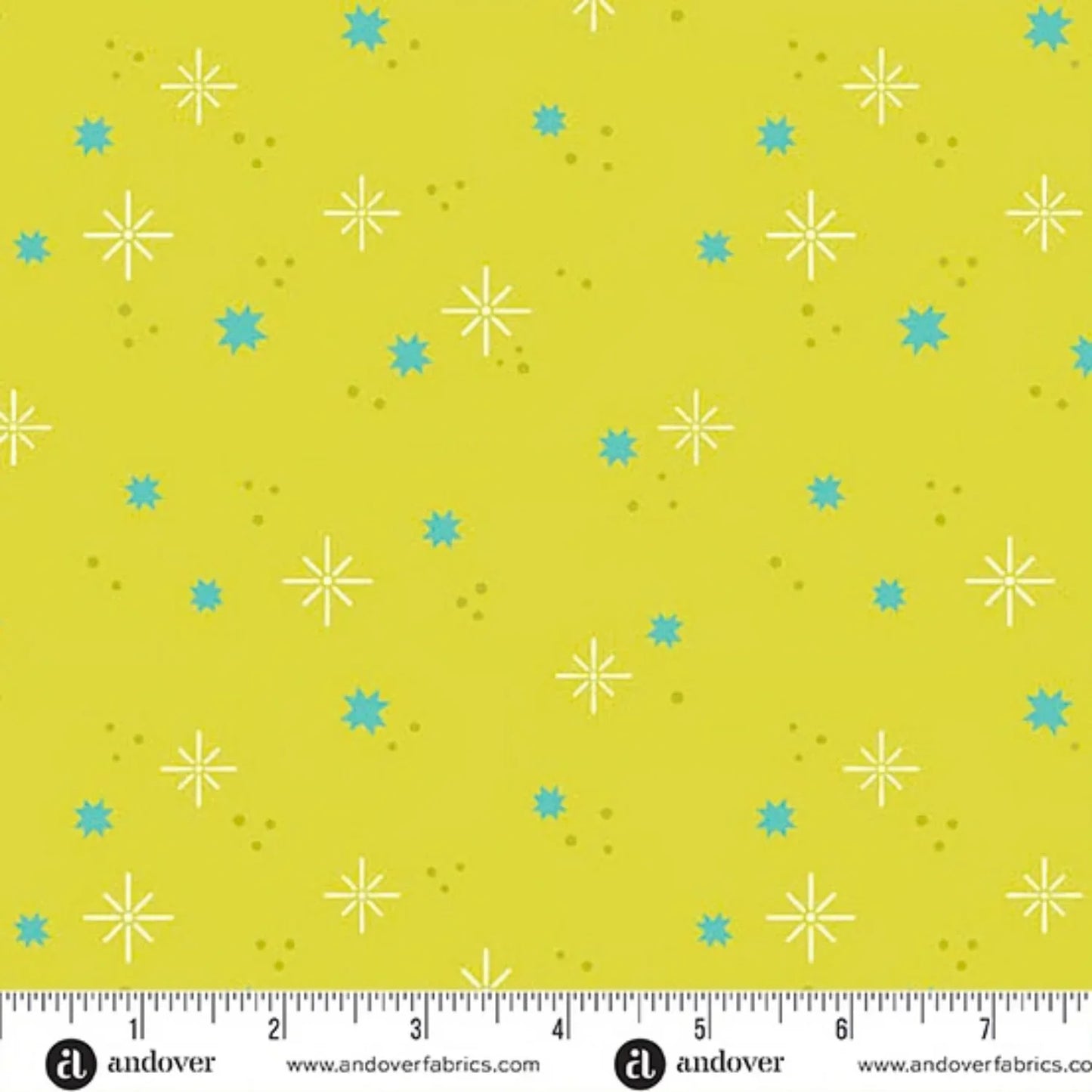 Pattern of aqua stars and olive-green dots on a yellow-green background with a ruler for scale.