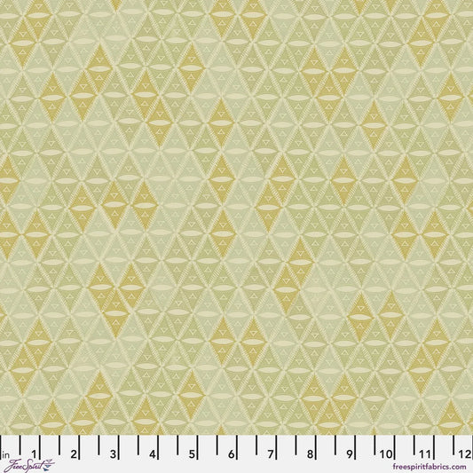 A repeating, triangular motif rendered in gold, beige, and soft sage green with a ruler for scale.
