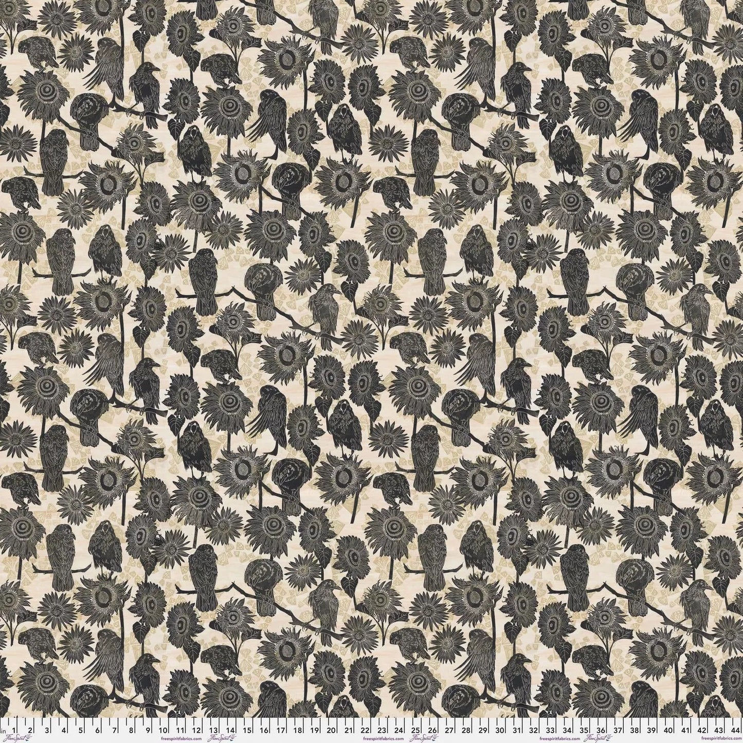 Pattern of black crows and sunflowers on a soft beige background with a ruler for scale