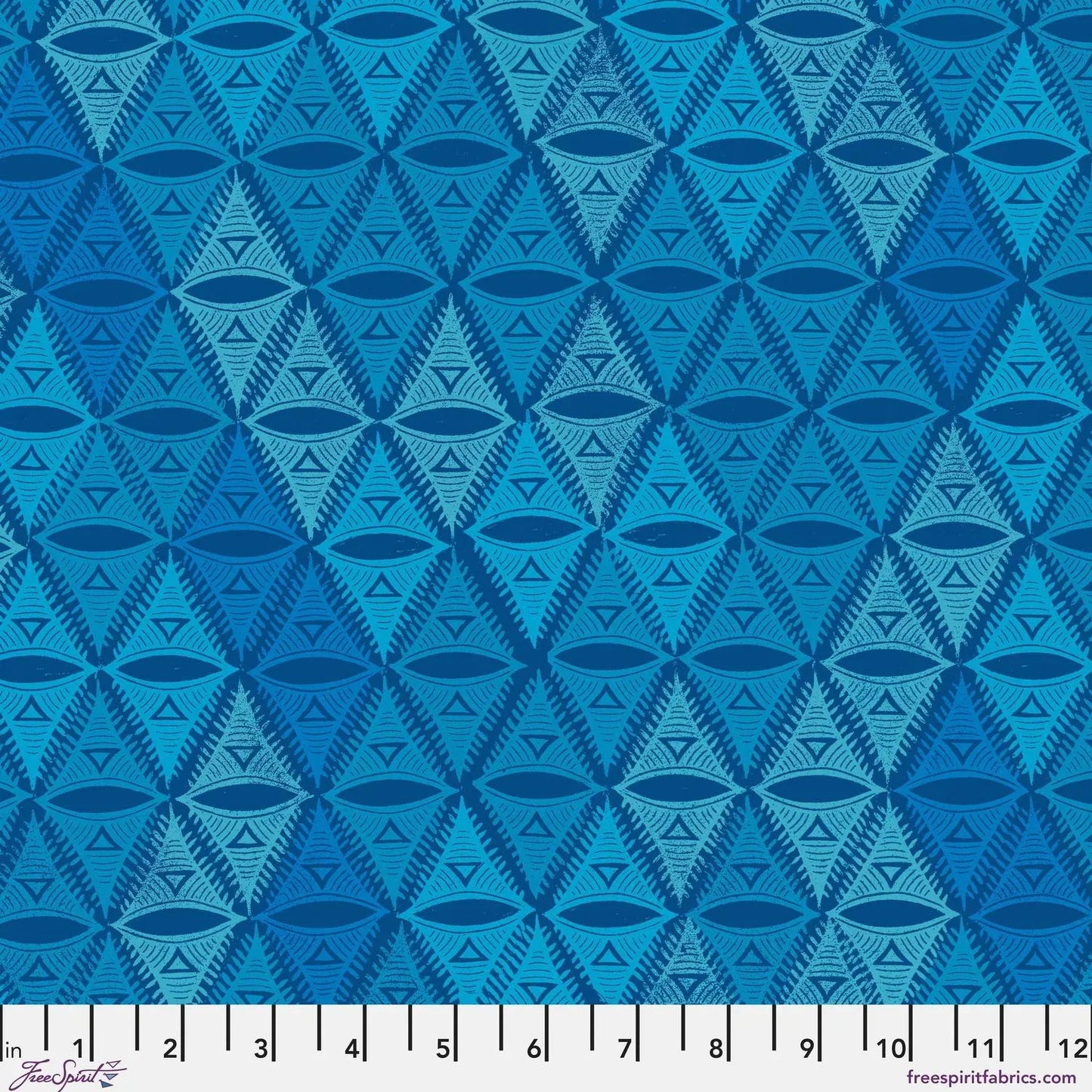 Repeating, triangular motif rendered in aqua, navy, and soft turquoise with a ruler for scale.