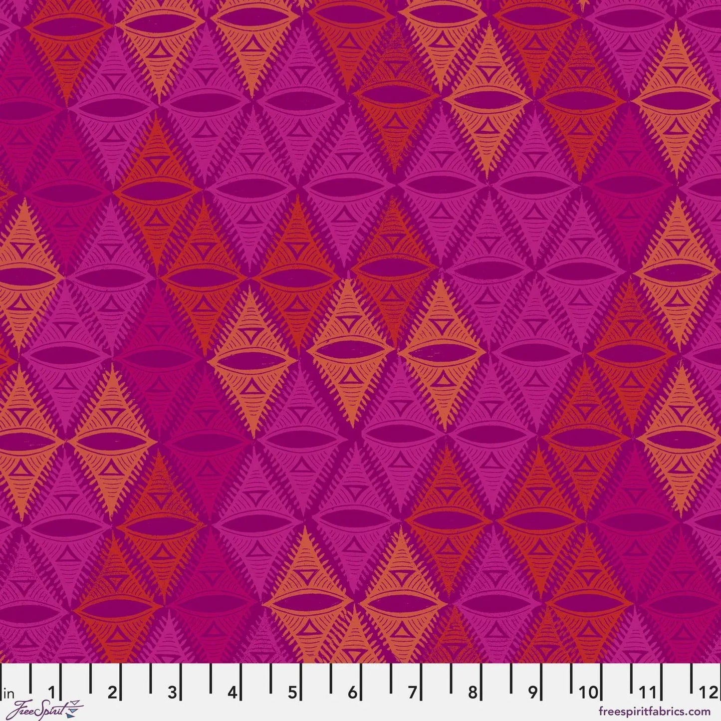 A bold, repeating, triangular motif rendered in magenta, orange, pink, and golden yellow with a ruler for scale.