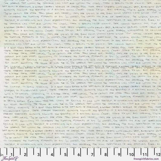 Handwritten text in black ink on a subtly blended white and blue-grey background. Ruler for scale.