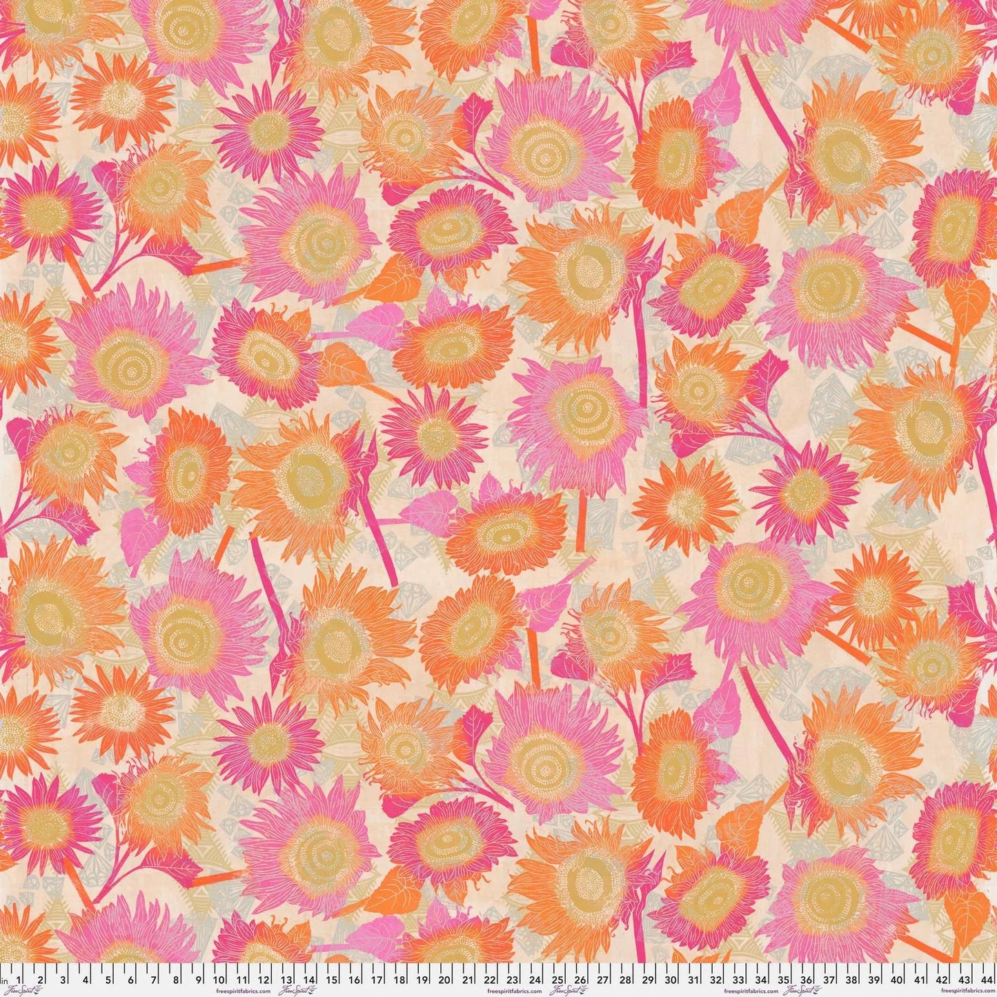 Colorful floral pattern with pink, orange, and yellow flowers on a beige background. Ruler for scale.