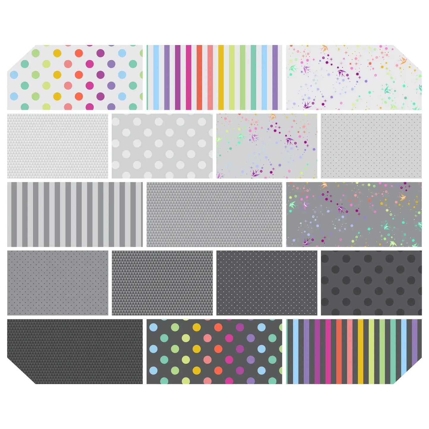 Collection of various patterned grey-toned fabric swatches arranged in a grid.