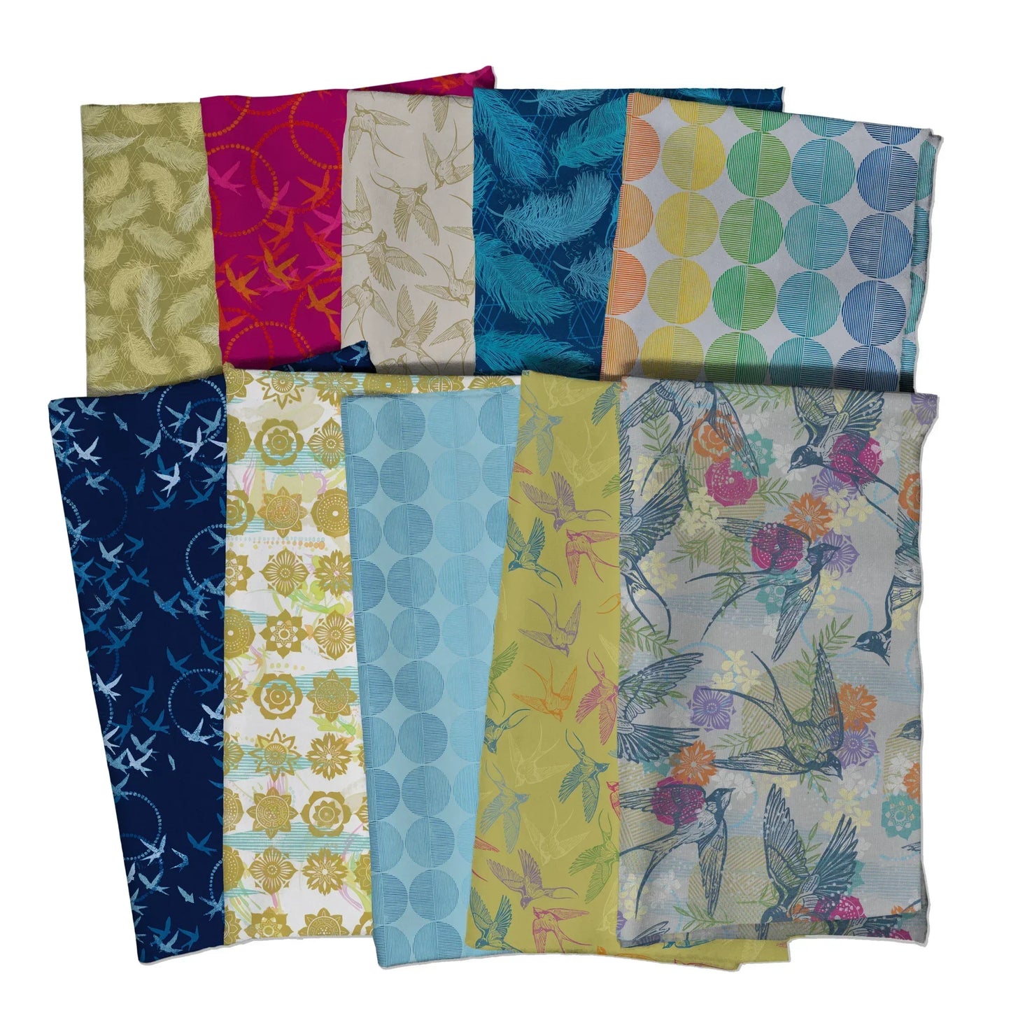 Collection of colorful fabric swatches with birds, feathers, and geometric patterns on a white background
