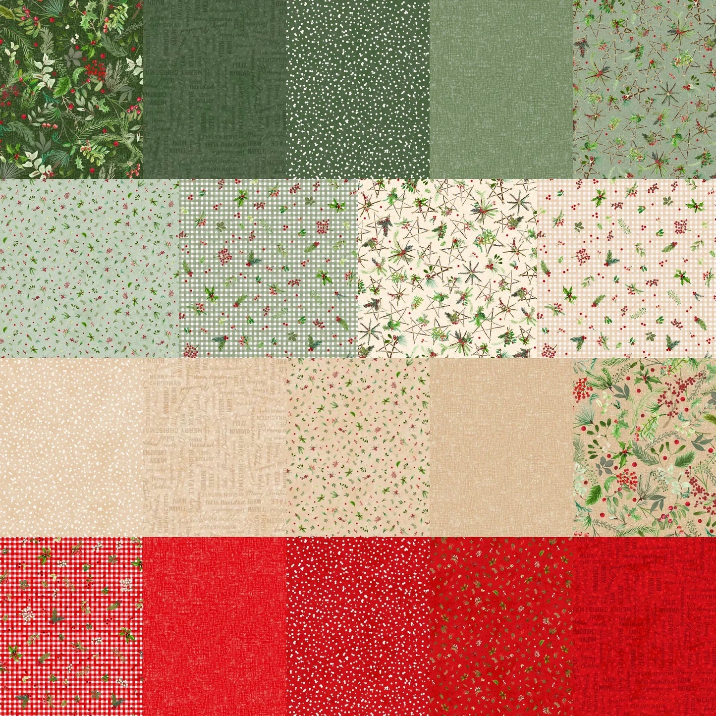Collection of various green, red, and beige fabric patterns arranged in a grid.