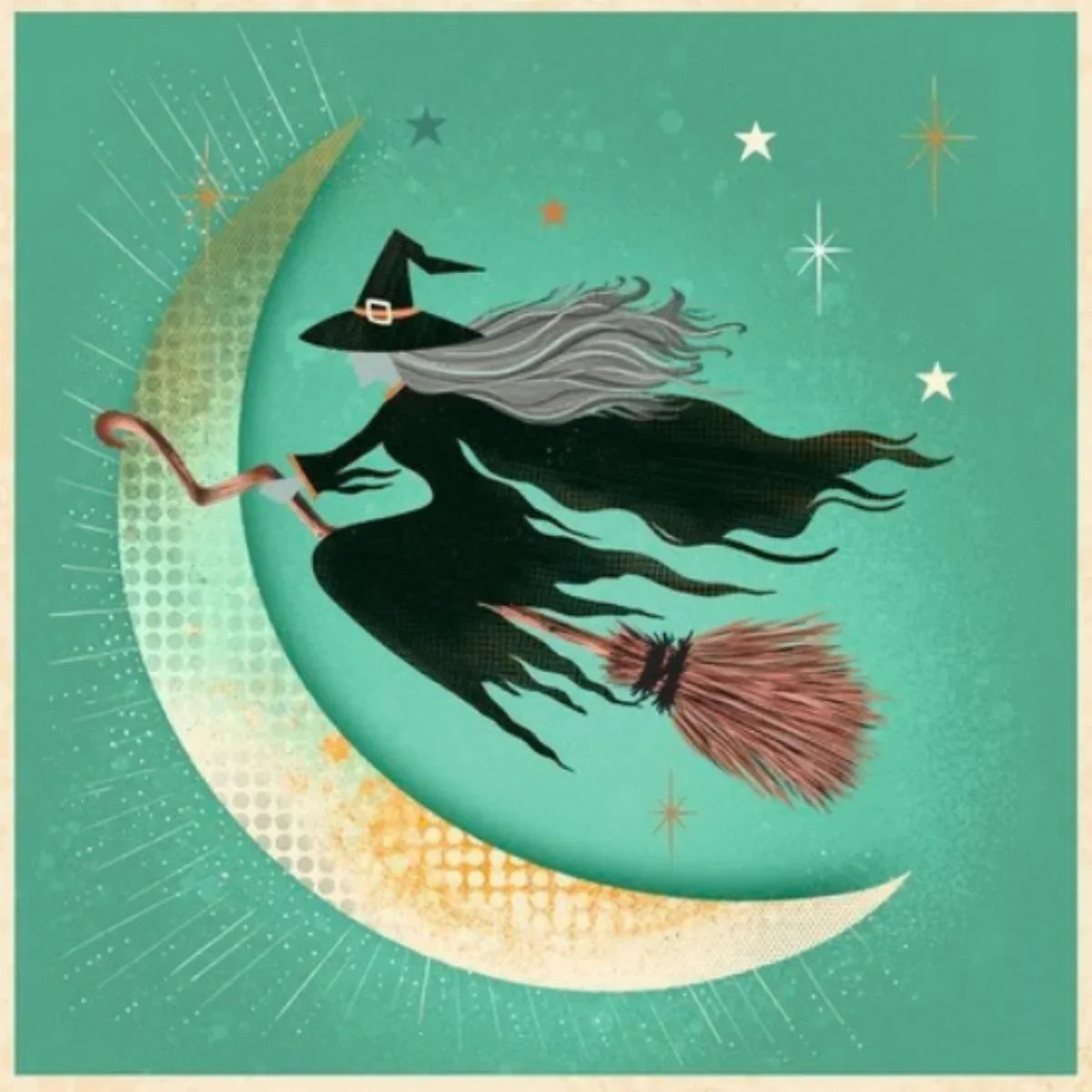 Witch flying on a broomstick over a crescent moon with stars on a teal background