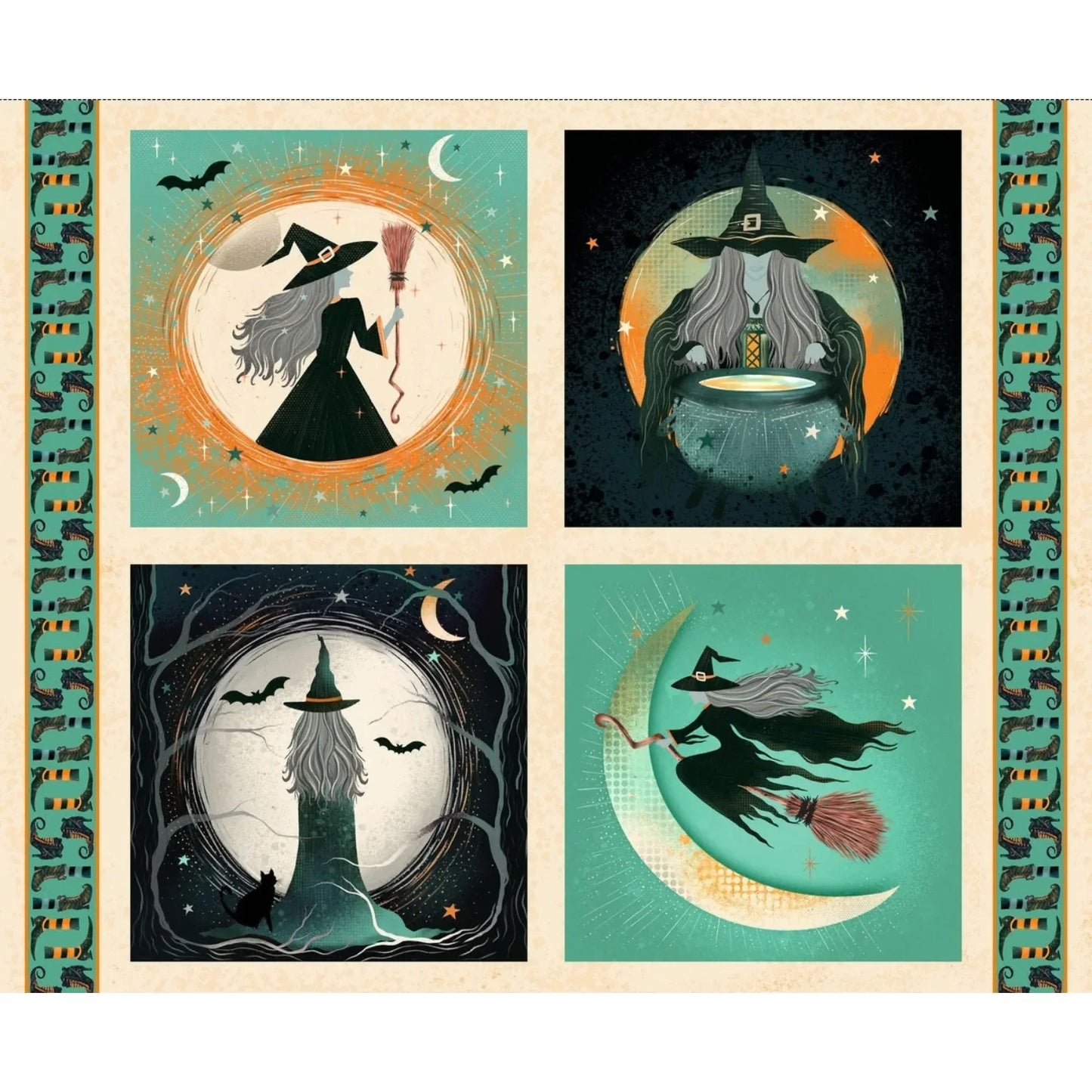 Fabric panel with four Halloween-themed illustrations of witches with a decorative teal border featuring witchy boots.