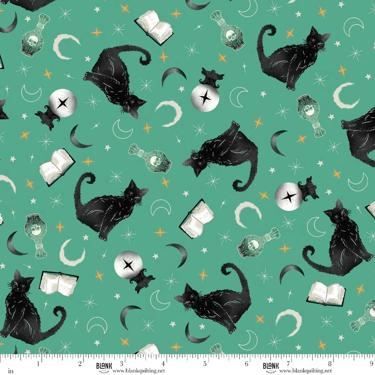Pattern of black cats, books, and potion bottles on a teal-green background with a ruler for scale.