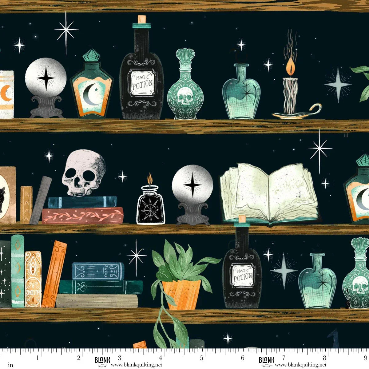 Illustration of a shelf with various mystical items, including potion bottles, books, and a skull, against a starry night sky. Ruler for scale.