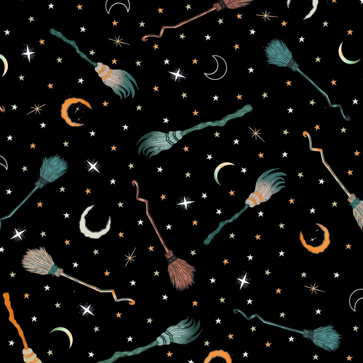Pattern of witch brooms, crescent moons, and stars on a black background