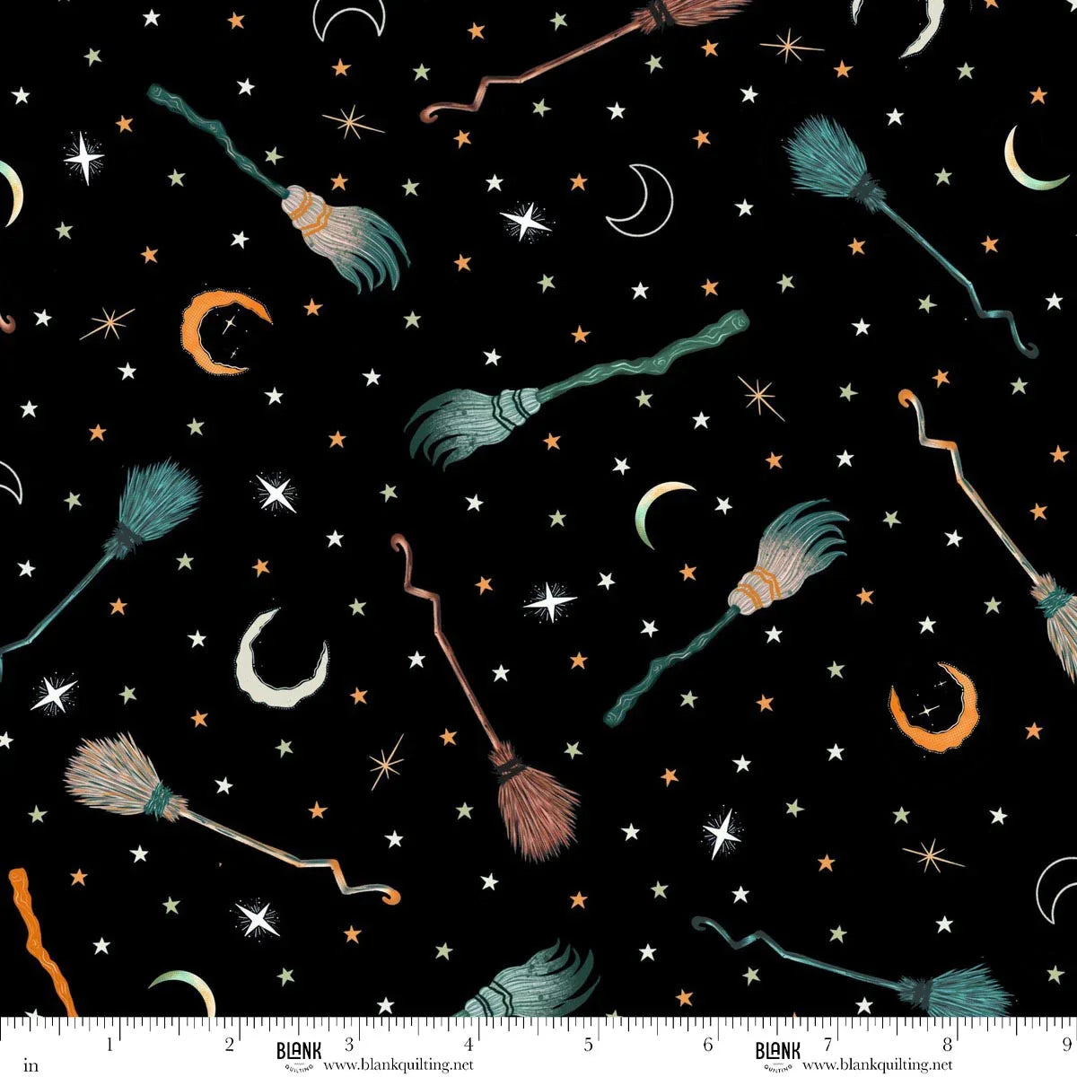Pattern of witch brooms, crescent moons, and stars on a black background with a ruler for scale.