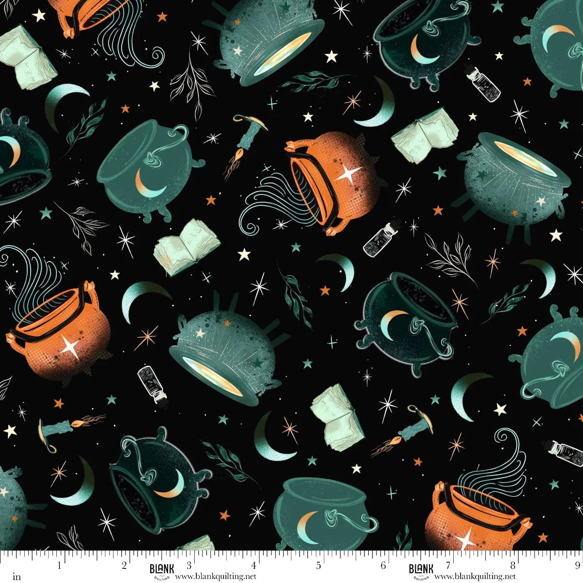 Halloween-themed fabric with cauldrons, books, candles, crescent moons, and stars on a black background. Ruler for scale.