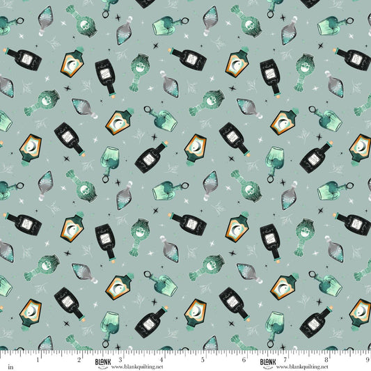 Pattern of various potion bottles on a light blue-grey background with a ruler for scale.