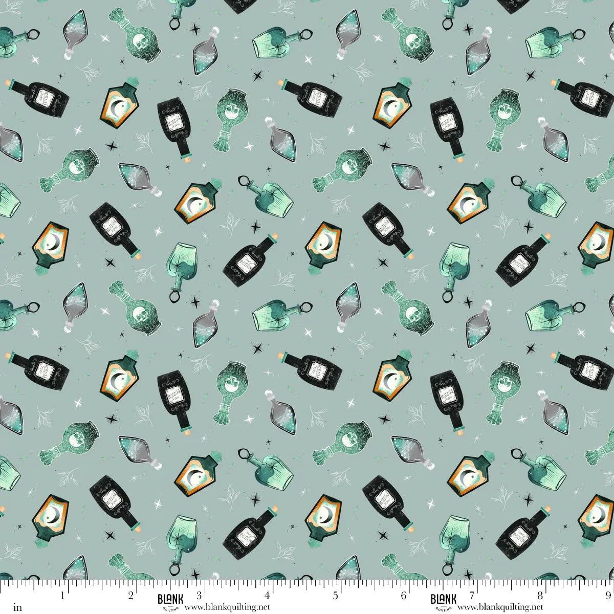Pattern of various potion bottles on a light blue-grey background with a ruler for scale.