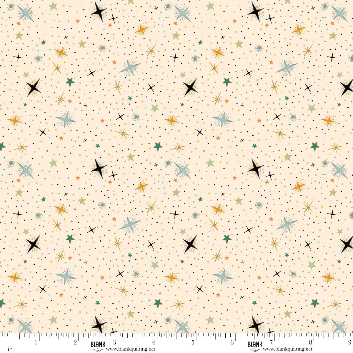 Pattern of colorful stars on a beige background with a ruler at the bottom for scale.