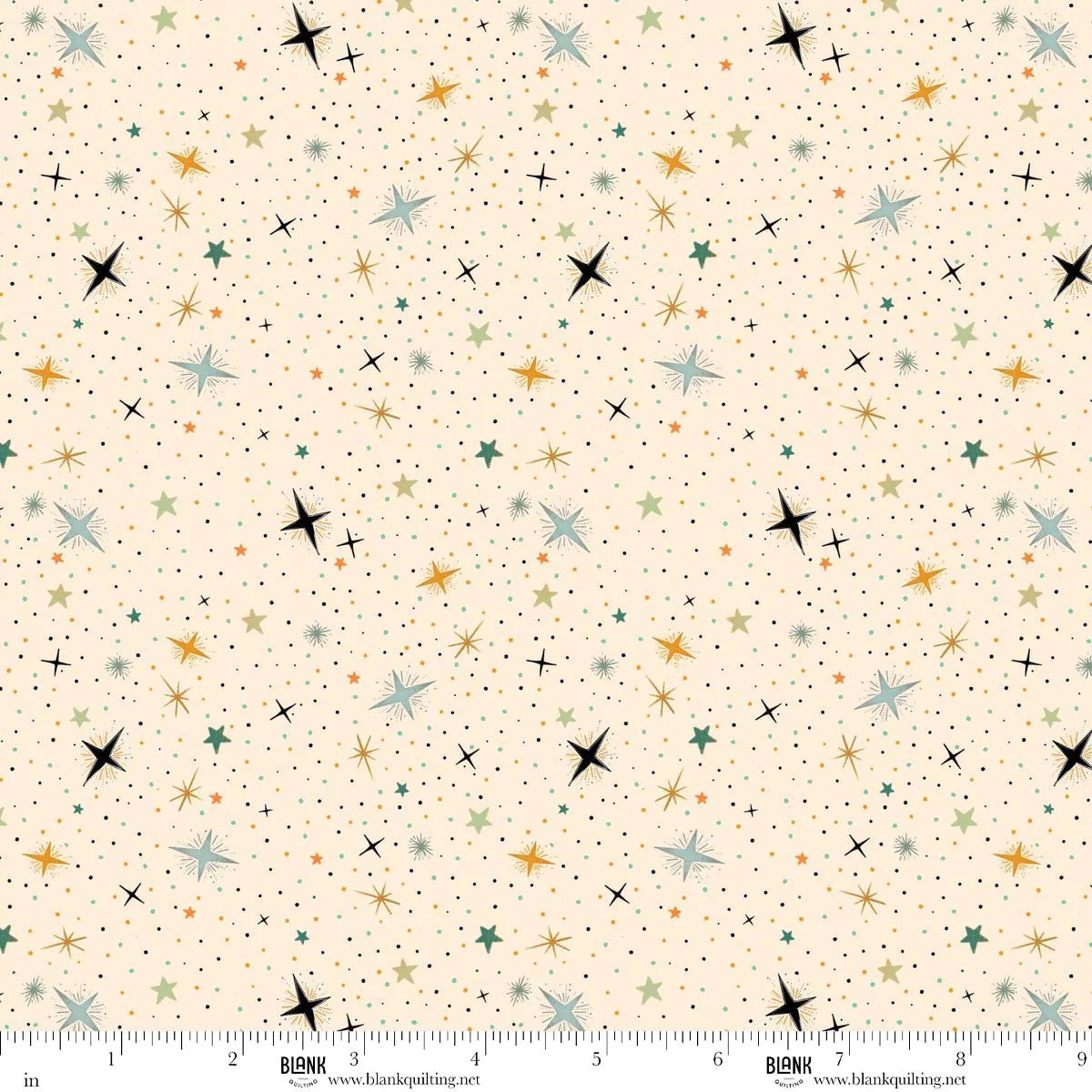 Pattern of colorful stars on a beige background with a ruler at the bottom for scale.
