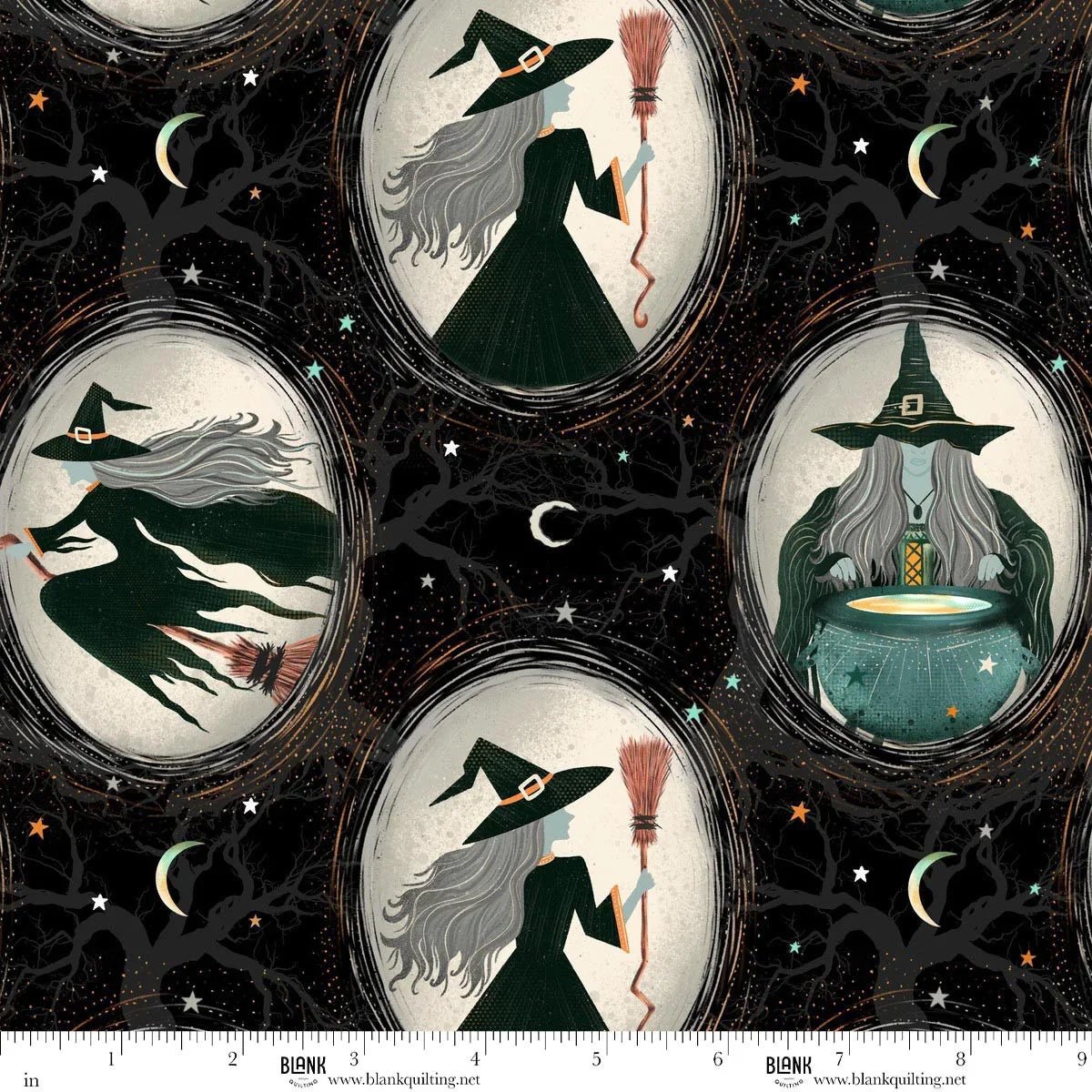 Cameos of witches and brooms with a mystical theme on a dark background. Ruler for scale.