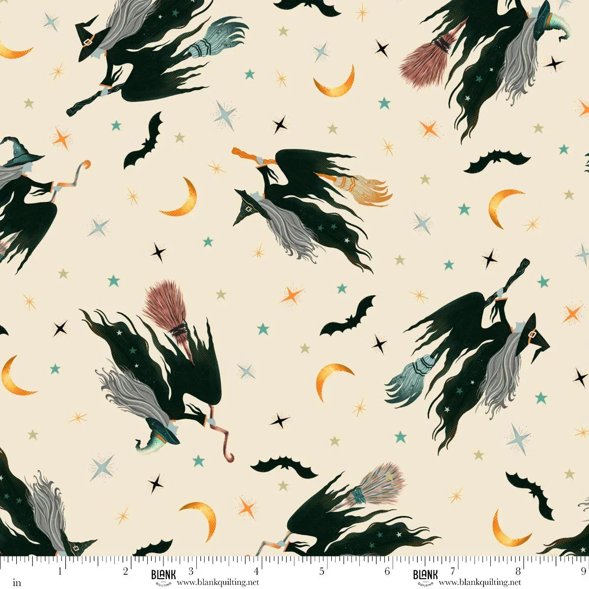 Halloween-themed pattern with witches, brooms, and moon phases on a beige background. Ruler for scale.