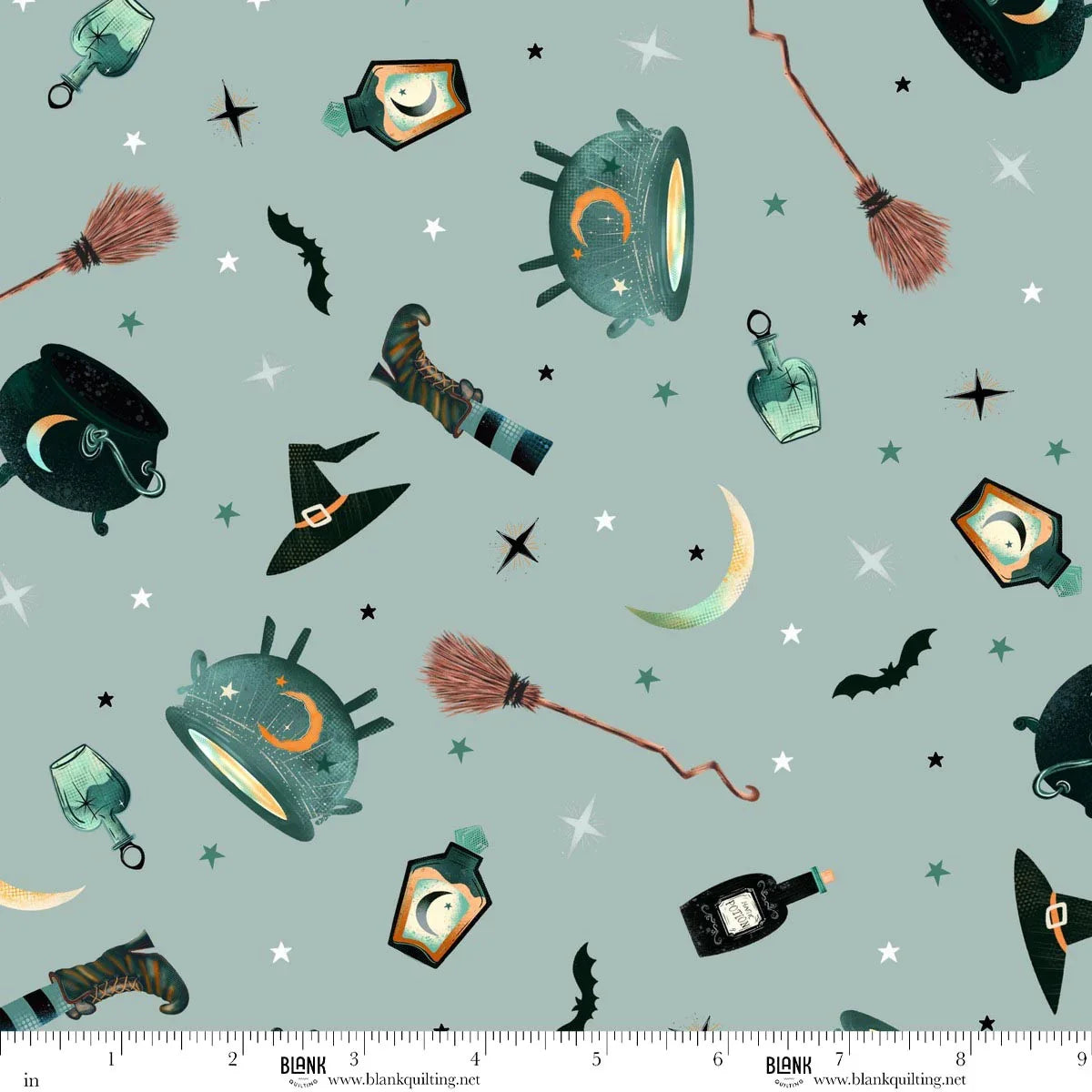 Halloween-themed pattern with brooms, bottles, and hats on a light blue background. Ruler for scale.