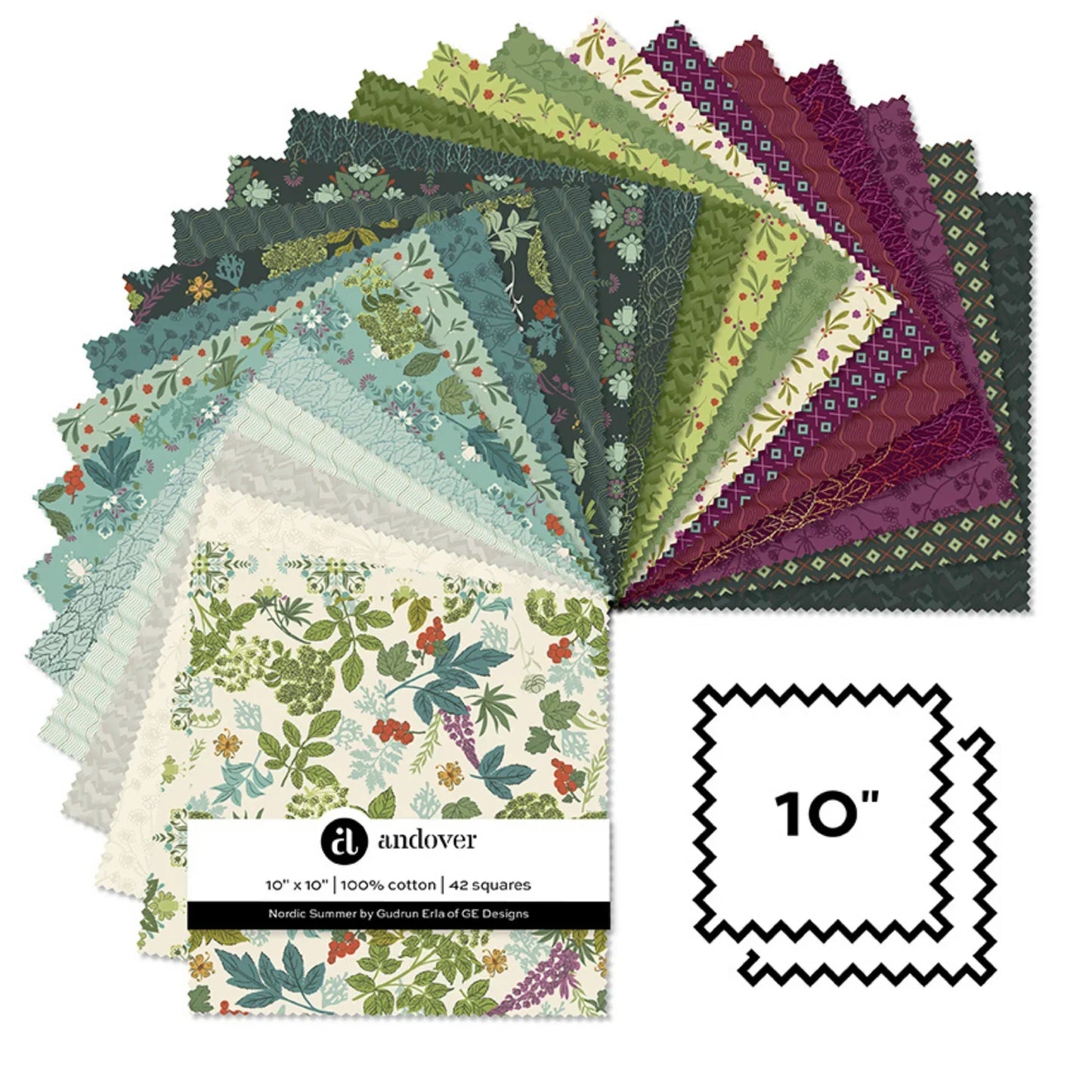 A fanned-out display of 42 different floral and botanical fabric squares in various colors, including green, blue, purple, and cream.