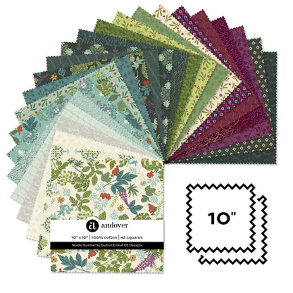 A fanned-out display of 42 different floral and botanical fabric squares in various colors, including green, blue, purple, and cream.