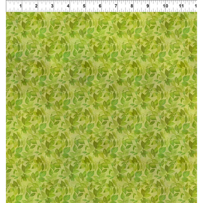 Green leaf pattern fabric with a ruler at the top for scale