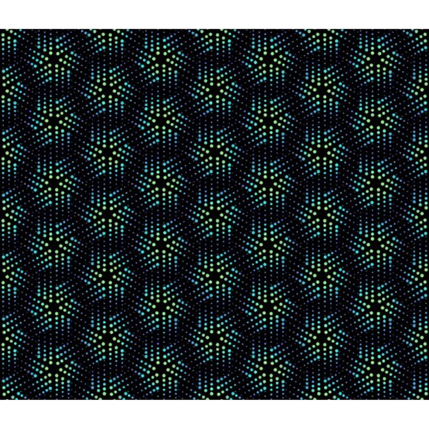 Grid pattern of playful geometric pinwheels comprised of tiny blue and green dots on a black background.