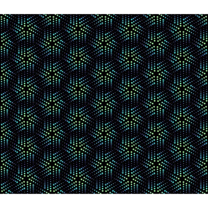 Grid pattern of playful geometric pinwheels comprised of tiny blue and green dots on a black background.