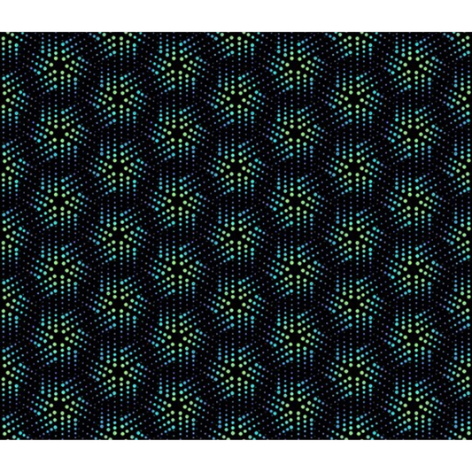 Grid pattern of playful geometric pinwheels comprised of tiny blue and green dots on a black background.