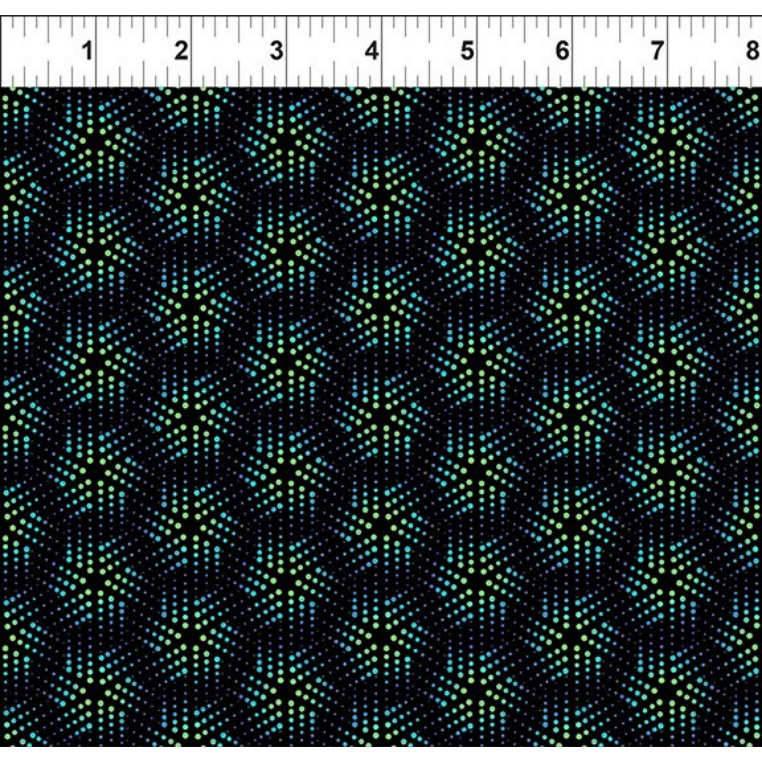 Grid pattern of playful geometric pinwheels comprised of tiny blue and green dots on a black background. Ruler for scale.