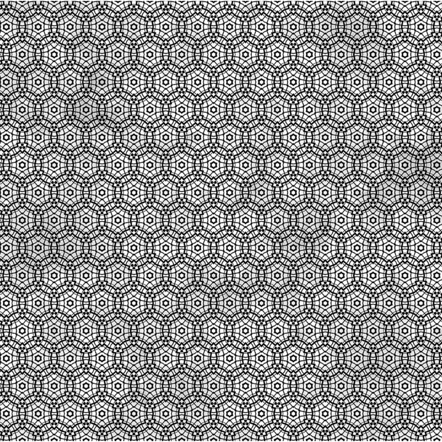 Geometric pattern of repeating circles and stars in simple black and metallic silver. 
