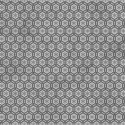 Geometric pattern of repeating circles and stars in simple black and metallic silver. 